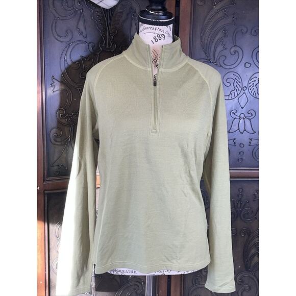 IBEX Women's Army Green 1/4‎ Zip Athletic Top 100% Wool Blend Made USA L - Picture 1 of 6